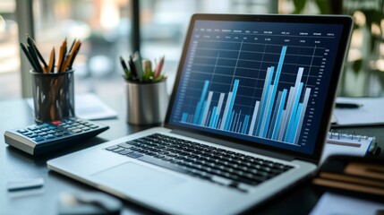 Aufkleber - Modern Workspace with Laptop Displaying Profit and Loss Graphs, Calculator, and Stationery Items in Bright Office Environment for Business Analysis