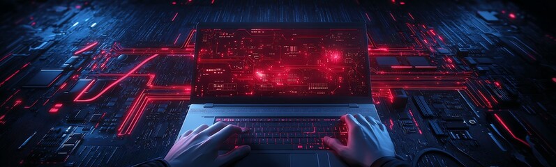 Aufkleber - A high-tech scene showcasing hands on a keyboard with glowing circuit patterns, emphasizing a digital and cybernetic theme.