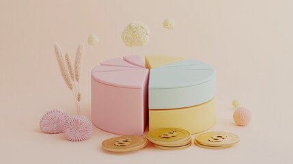 Fototapete - Colorful Pie Chart with Pastel Sections and Decorative Elements on a Soft Beige Background, Symbolizing Data Visualization and Creativity in Design