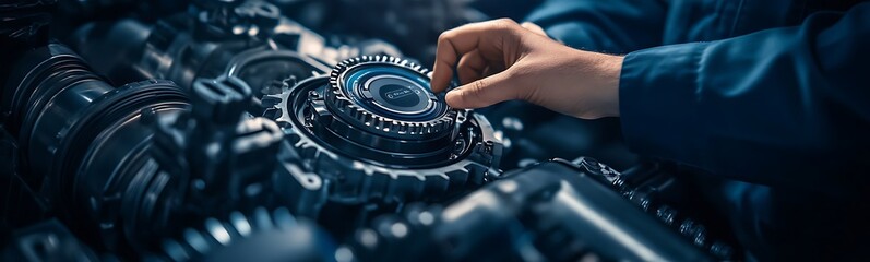 Fototapete - A close-up of a mechanic's hand adjusting a complex machinery component, showcasing the intricacies of engineering and technology.