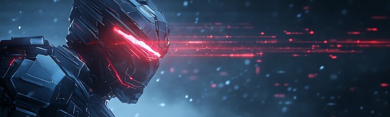 Poster - A futuristic robotic figure with glowing red eyes, surrounded by a digital environment, conveying themes of technology and cybernetics.