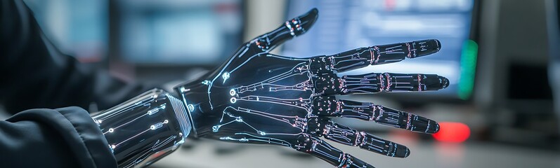 Poster - A futuristic, illuminated robotic hand is displayed, showcasing intricate technology against a backdrop of digital screens.