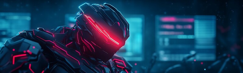 Aufkleber - A futuristic robotic figure with glowing neon elements, set against a backdrop of digital screens, exuding a sci-fi cyberpunk aesthetic.