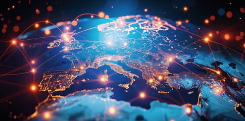 Poster - Global Network Connectivity in Europe: Digital Map with Glowing Connections and Light Beams