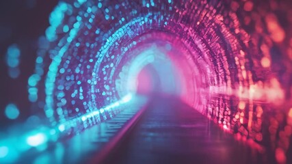 Poster - A vibrant, futuristic tunnel with pink and blue digital lights, creating a sense of motion, depth, and advanced technology.