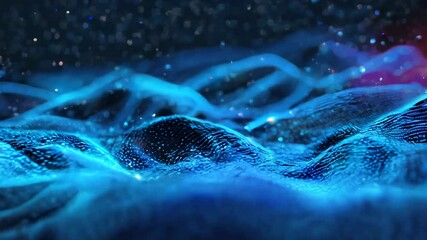 Poster - Abstract blue digital waves with glowing particles, creating a futuristic, data-inspired look with depth and motion.