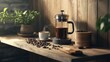 © Plaifah - Cozy Coffee Corner with Freshly Brewed French Press, Cup of Coffee, Coffee Beans, and Green Plants on Wooden Shelf in Rustic Kitchen Setting