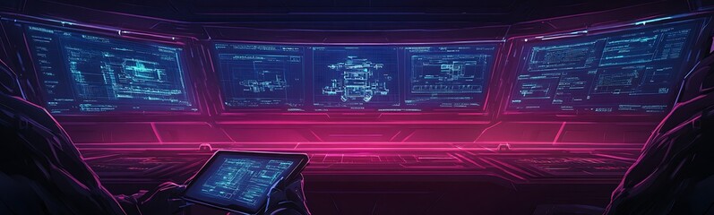 Aufkleber - A futuristic digital interface displays vibrant blue and purple data, resembling a high-tech control room or command center.