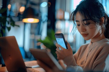 Poster - Asian Businesswoman Using 2FA on Laptop for Security and Verification