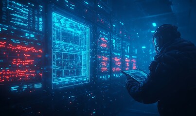 Aufkleber - A dimly lit data center with vibrant blue and red lights, showing a person interacting with advanced technology and digital displays.