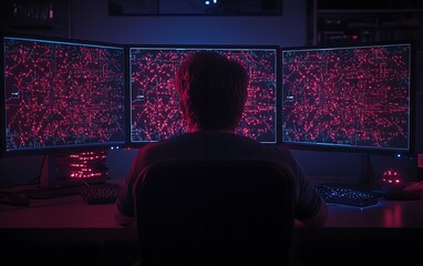 Poster - A person is seated in front of three monitors displaying colorful, intricate data patterns, evoking a high-tech environment.