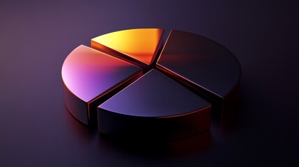 Fototapete - Abstract 3D Pie Chart with Glossy Surface and Colorful Reflections on Dark Background, Ideal for Data Visualization and Business Presentations