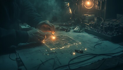 Fototapete - A hand works on a circuit board amidst dim light, surrounded by tools and electronic components, creating an atmosphere of focused craftsmanship.