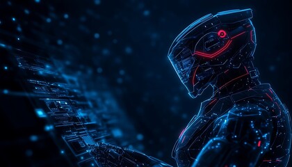 Leinwandbilder - A futuristic figure composed of glowing dots, exuding a digital aura, embodies a blend of technology and art in a dark, cybernetic environment.