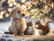 © H-Duck - Festive Friends Puppy, Kitten, and Squirrel Under Christmas Tree