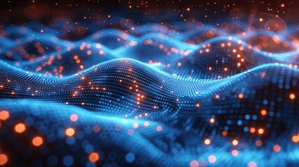 Poster - Abstract Digital Background with Blue and Orange Dots on Wavy Lines, Big Data Visualization, Futuristic Technology Design