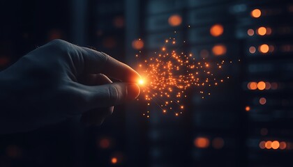 Aufkleber - A hand reaches out, generating a spark amidst a backdrop of glowing data servers, symbolizing technology and innovation.