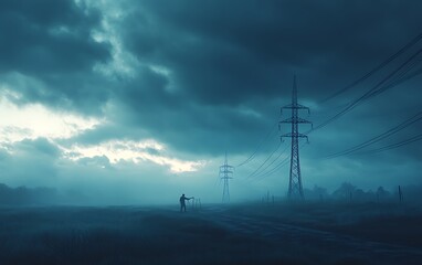 Poster - A moody landscape featuring dark clouds, power lines, and a distant figure in a misty environment, conveying a sense of mystery and solitude.