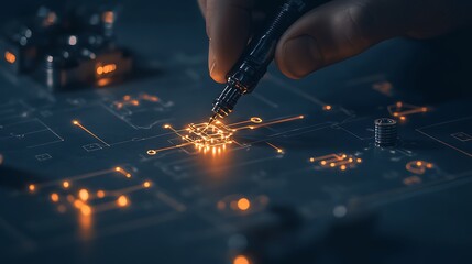 Leinwandbilder - A close-up of a hand soldering on a circuit board, with glowing components illuminating the workspace in a dark setting.