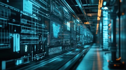 Poster - Futuristic Server Room with Glowing Blue Data Panels