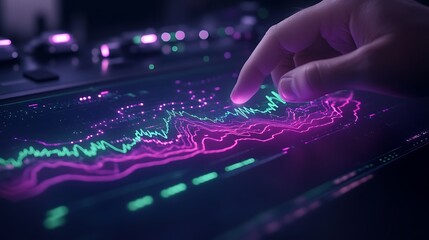 Fototapete - A hand interacting with a vibrant digital display of sound waves, featuring bright colors and dynamic visual patterns.