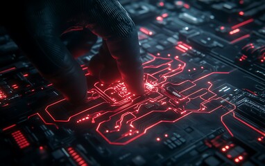 Fototapete - A dark, high-tech image featuring a gloved hand touching a glowing red circuit board, symbolizing technology and digital interaction.