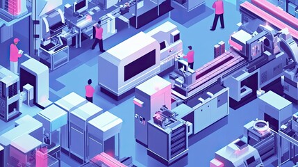 Poster - Isometric Illustration of an Automated Industrial Production Line