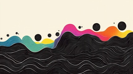 Poster - Abstract Waves of Colorful Lines with Black Background Featuring Curves, Dots, and Gradient Shades for Creative Digital Design Elements