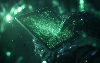 Poster - A robotic hand interacts with a sparkling, green holographic display, creating a mesmerizing digital effect.