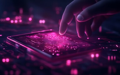 Poster - A futuristic hand interacts with a glowing, vibrant tablet displaying intricate circuitry, symbolizing technology and digital innovation.