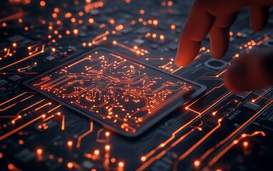 Aufkleber - A hand interacts with a glowing circuit board, highlighting intricate electronic pathways illuminated in orange.