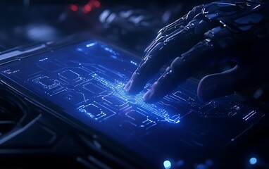 Aufkleber - A futuristic robotic hand interacts with a glowing digital interface, highlighting advanced technology and cybernetic design.