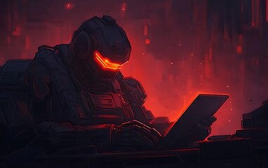 Fototapete - A futuristic warrior with glowing eyes sits in a dark, fiery environment, focused on a device, evoking themes of technology and intensity.