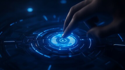 Aufkleber - A hand touches a glowing blue interface, showcasing futuristic technology and intricate patterns.