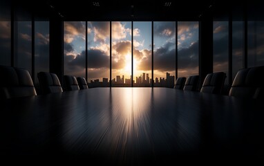 Leinwandbilder - A modern boardroom with a polished table and large windows showcasing a sunset over a city skyline.