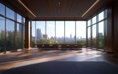 Fototapete - A spacious, modern room features floor-to-ceiling windows showcasing a city skyline amidst greenery, creating a serene urban atmosphere.