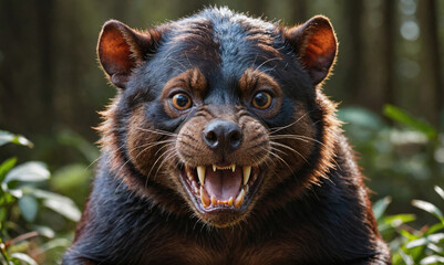 Wall Mural - a tasmanian devil with a menacing expression stares into the camera in a dense forest