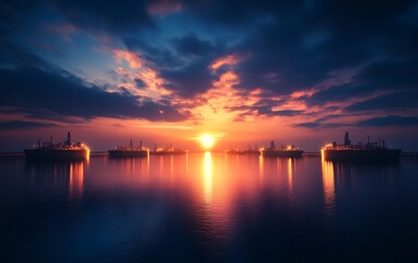 Aufkleber - A serene sunset over calm waters, with silhouetted ships anchored, creating a picturesque maritime scene rich in color and tranquility.