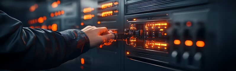Aufkleber - A hand adjusting controls on a server panel, featuring glowing orange indicators, representing technology and data management.