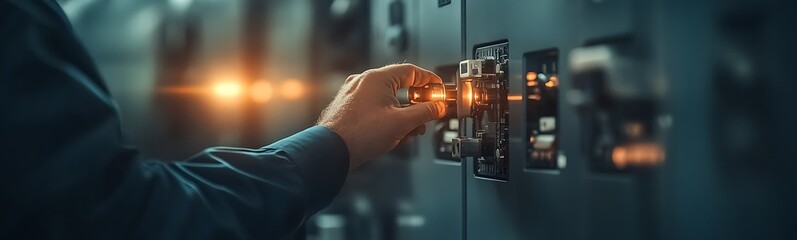 Poster - A technician operates a control panel, adjusting switches with glowing indicators, emphasizing precision in electrical management.
