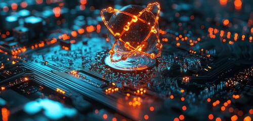 Poster - Iconic 3D representation of nanotechnology with atom and microchip.