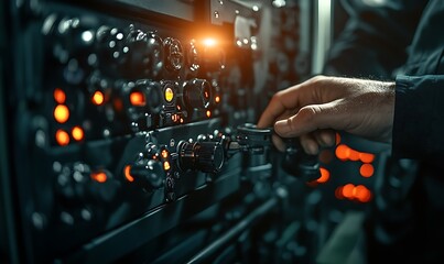 Poster - A close-up of a hand adjusting controls on a complex electronic panel filled with glowing lights and dials, suggesting a high-tech environment.