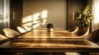 © kitipol - High-resolution photorealistic shot of an empty boardroom featuring a polished wooden table, sleek chairs, and minimalist decor The professional color grading enhances the luxurious feel of the