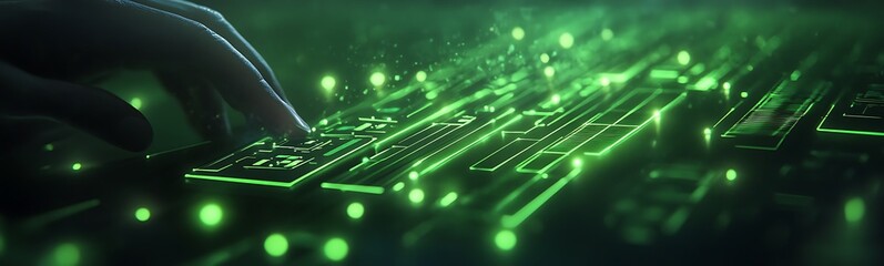Leinwandbilder - A close-up view of a hand typing on a glowing green keyboard, illuminated by a network of bright lights, evoking a high-tech, digital atmosphere.