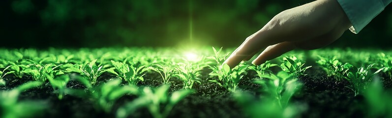 Poster - A hand gently touches vibrant green crops under a glowing light, symbolizing growth and connection to nature.