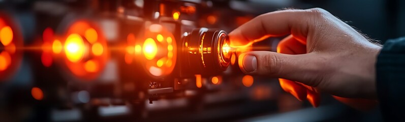 Fototapete - A hand adjusts a control knob surrounded by glowing orange lights, illustrating interaction with technology or equipment.