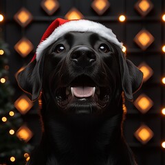 Wall Mural - Close-up of Black Labrador Retriever wearing Santa hat with festive lights in the background