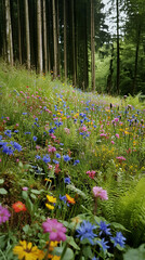 Colorful wildflowers bloom in a lush green forest clearing.