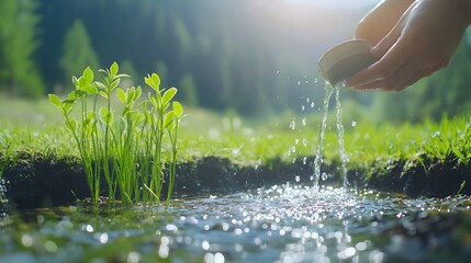 Poster - A serene scene of a hand pouring water onto sprouting plants, capturing the essence of nature and nurturing growth in a sunlit environment.