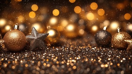 Wall Mural - Close-up of golden and silver Christmas ornaments with bokeh lights